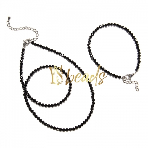 Black Spinel Faceted Round 3mm Bead Jewelry Set, Necklace, Bracelet