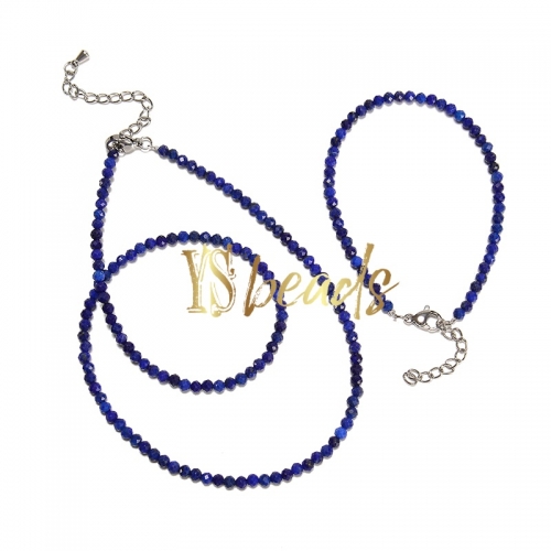 Lapis Lazuli Faceted Round 3mm Bead Jewelry Set, Necklace, Bracelet