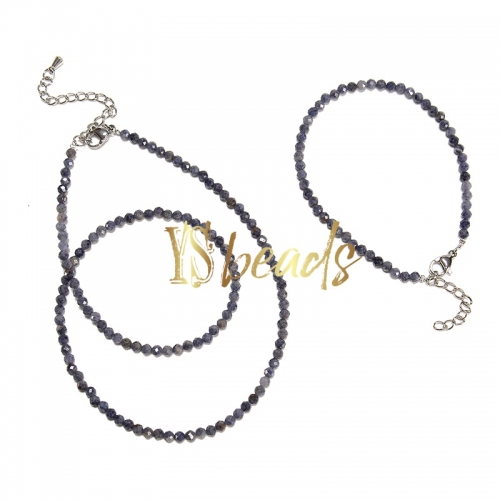 Sapphire Faceted Round 3mm Bead Jewelry Set, Necklace, Bracelet