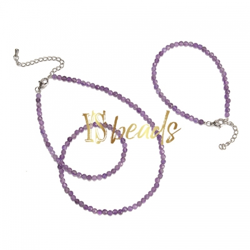 Amethyst Faceted Round 3mm Bead Jewelry Set, Necklace, Bracelet