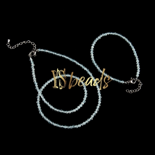 Blue Topaz Faceted Round 3mm Bead Jewelry Set, Necklace, Bracelet