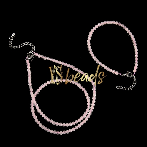 Rose Quartz Faceted Round 3mm Bead Jewelry Set, Necklace, Bracelet