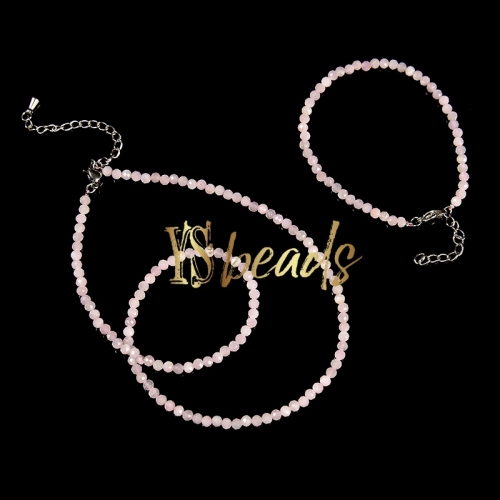 Kunzite Faceted Round 3mm Bead Jewelry Set, Necklace, Bracelet