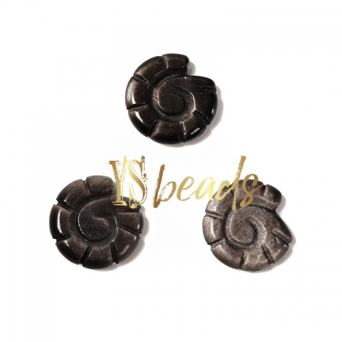 Silver Obsidian Carved Ammonite Shape Beads. Approx 35mm