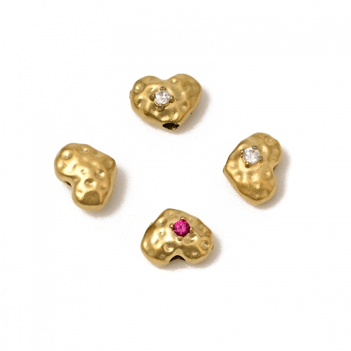 Golden Stainless Steel Heart Shape Beads(PVD) With CZ, Approx 6.5x8.7mm