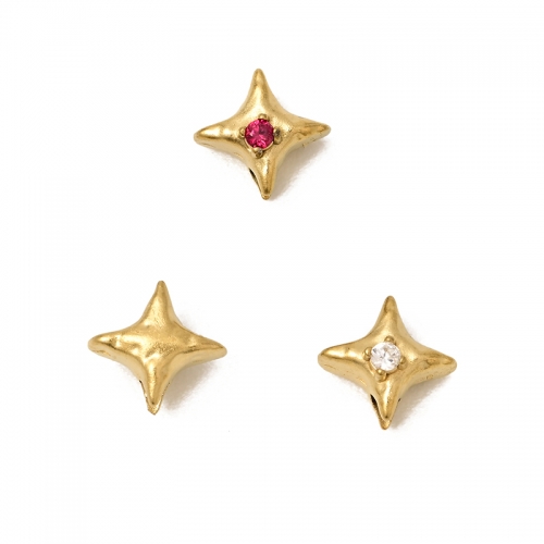 Golden Stainless Steel Four-pointed Star Bead‌s(PVD) With CZ, Approx 9mm