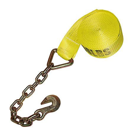 winch strap with chain anchor assembly