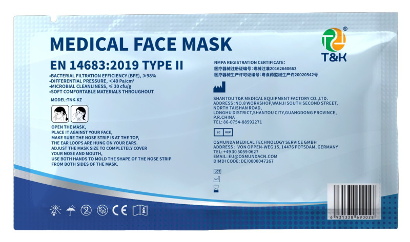 Máscara descartável médica de 3 camadas tipo II