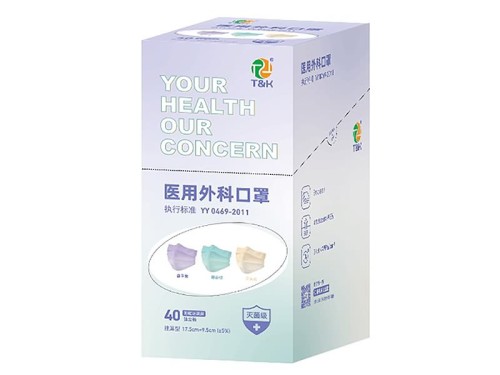 Masque jetable médical de type I à 3 plis (violet + vert + dégradé jaune)