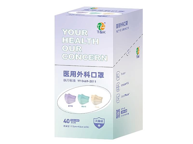 Maschera monouso medica di tipo I a 3 strati (gradiente viola + verde + giallo)