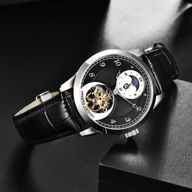 PAGANI DESIGN Men's Leather Watches Luxury Automatic Wrist Watch with Beautiful Balance Wheel Miyota Mechanical Movement Moon Phase 24-Hours Display