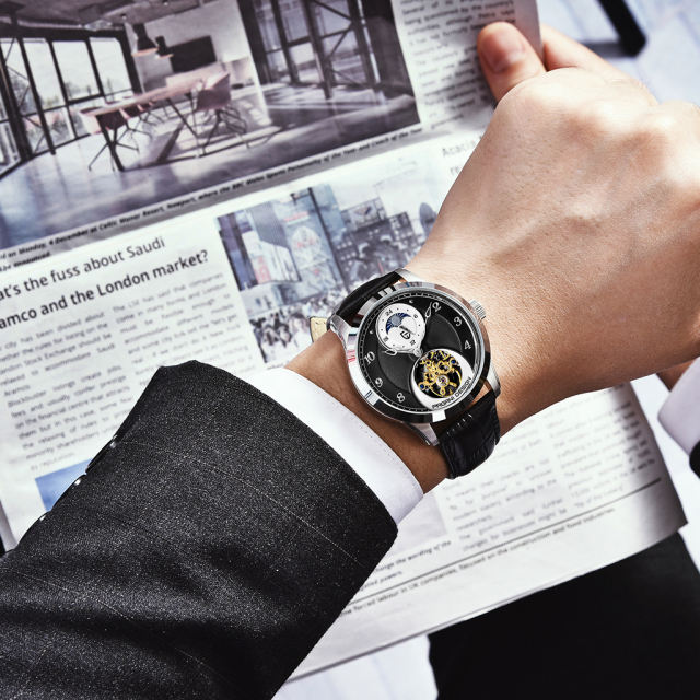 PAGANI DESIGN Men's Leather Watches Luxury Automatic Wrist Watch with Beautiful Balance Wheel Miyota Mechanical Movement Moon Phase 24-Hours Display