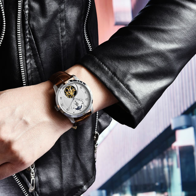 PAGANI DESIGN Men's Leather Watches Luxury Automatic Wrist Watch with Beautiful Balance Wheel Miyota Mechanical Movement Moon Phase 24-Hours Display