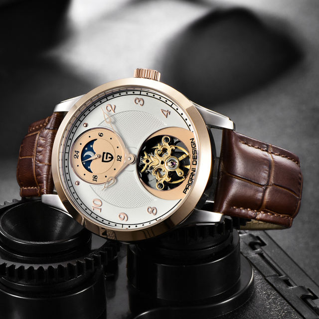 PAGANI DESIGN Men's Leather Watches Luxury Automatic Wrist Watch with Beautiful Balance Wheel Miyota Mechanical Movement Moon Phase 24-Hours Display