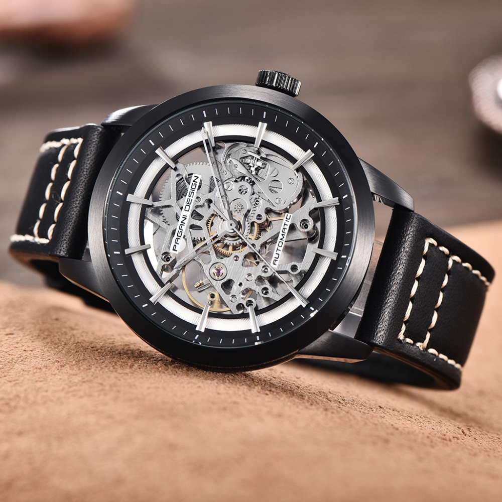 PAGANI DESIGN Luxury Automatic Men's Watches 100M Waterproof Skeleton Wrist Watch with Stainless Steel Case Soft Leather Watchband