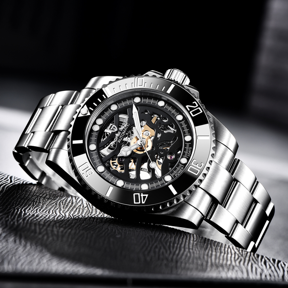 PAGANI DESIGN Men's Watches Luxury Skeleton Automatic Wrist Watch for Men Full Stainless Steel Waterproof Watch with Sapphire Glass Ceramic Bezel