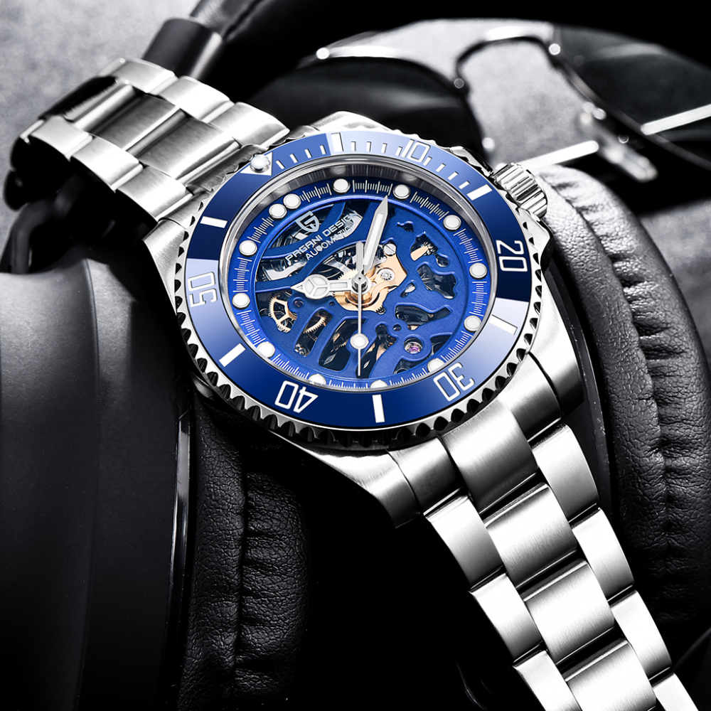 PAGANI DESIGN Men's Watches Luxury Skeleton Automatic Wrist Watch for Men Full Stainless Steel Waterproof Watch with Sapphire Glass Ceramic Bezel