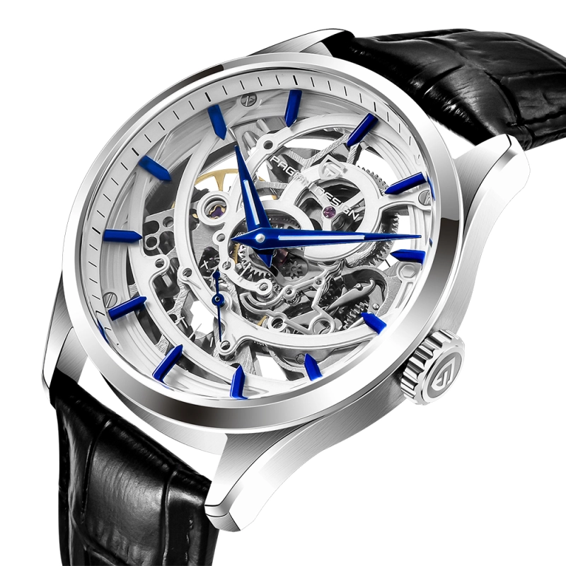 PAGANI DESIGN Fashion Men's Watches Skeleton Automatic Wrist Watch for Men Leather Watchband 100M Water Water Resistant Hardlex Dial Glass