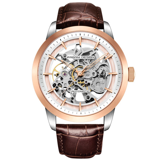 PAGANI DESIGN Luxury Automatic Men's Watches 100M Waterproof Skeleton Wrist Watch with Stainless Steel Case Soft Leather Watchband