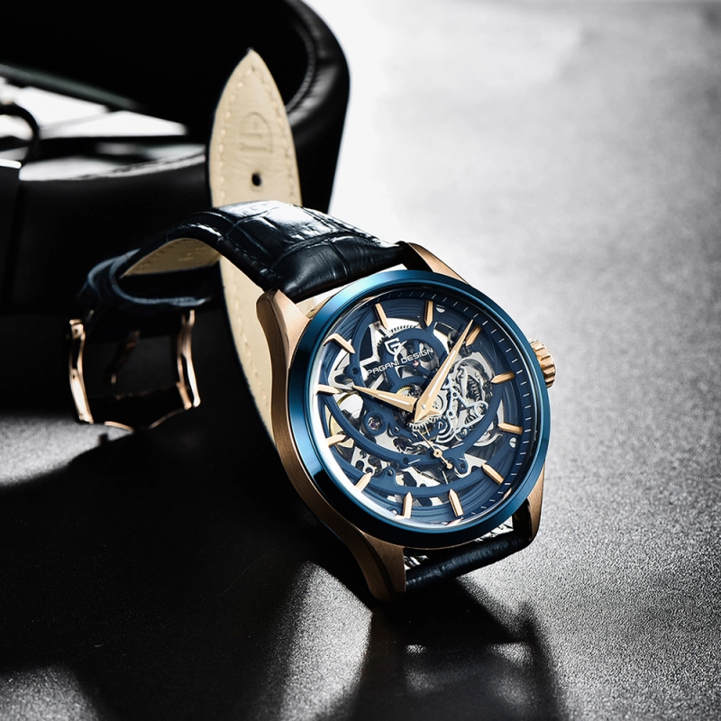 PAGANI DESIGN Fashion Men's Watches Skeleton Automatic Wrist Watch for Men Leather Watchband 100M Water Water Resistant Hardlex Dial Glass