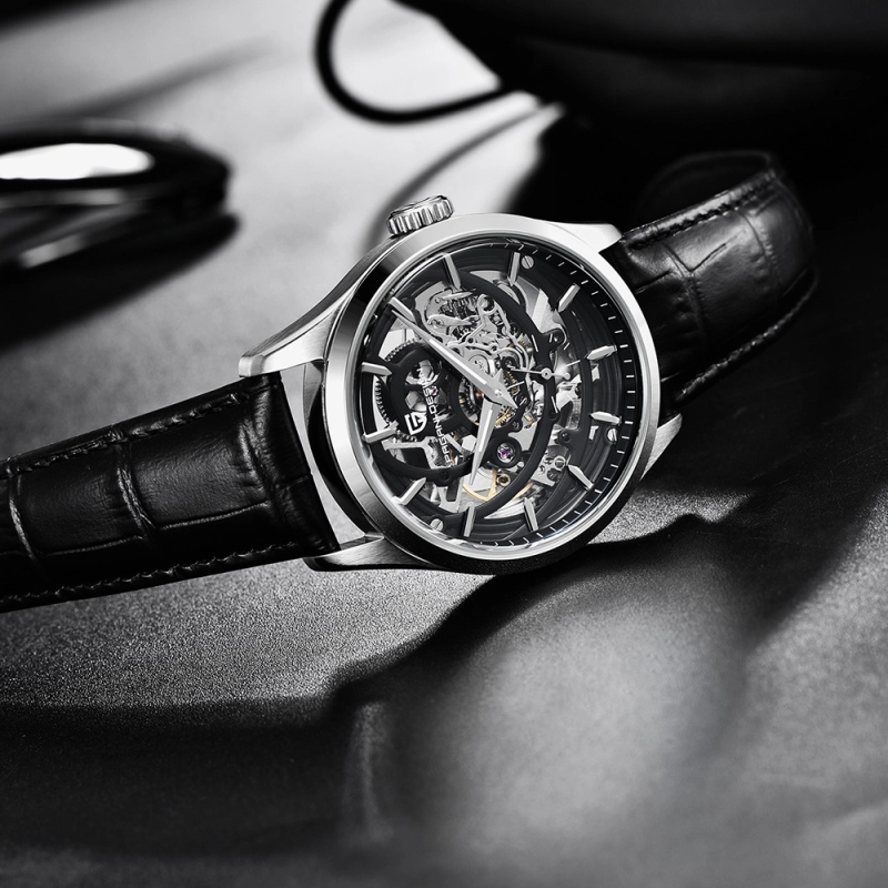 PAGANI DESIGN Fashion Men's Watches Skeleton Automatic Wrist Watch for Men Leather Watchband 100M Water Water Resistant Hardlex Dial Glass