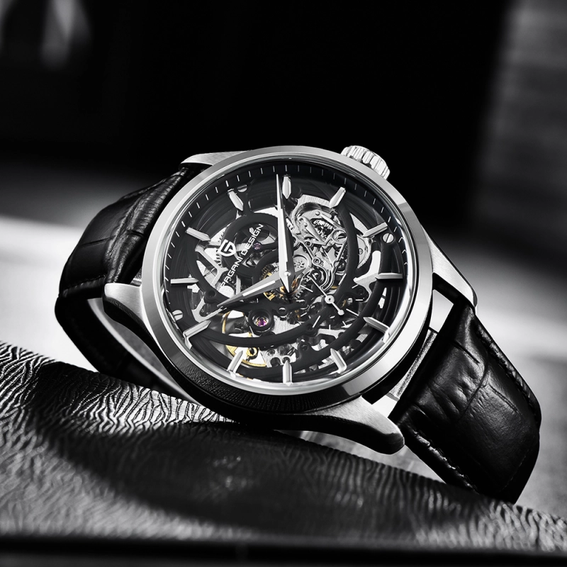 PAGANI DESIGN Fashion Men's Watches Skeleton Automatic Wrist Watch for Men Leather Watchband 100M Water Water Resistant Hardlex Dial Glass