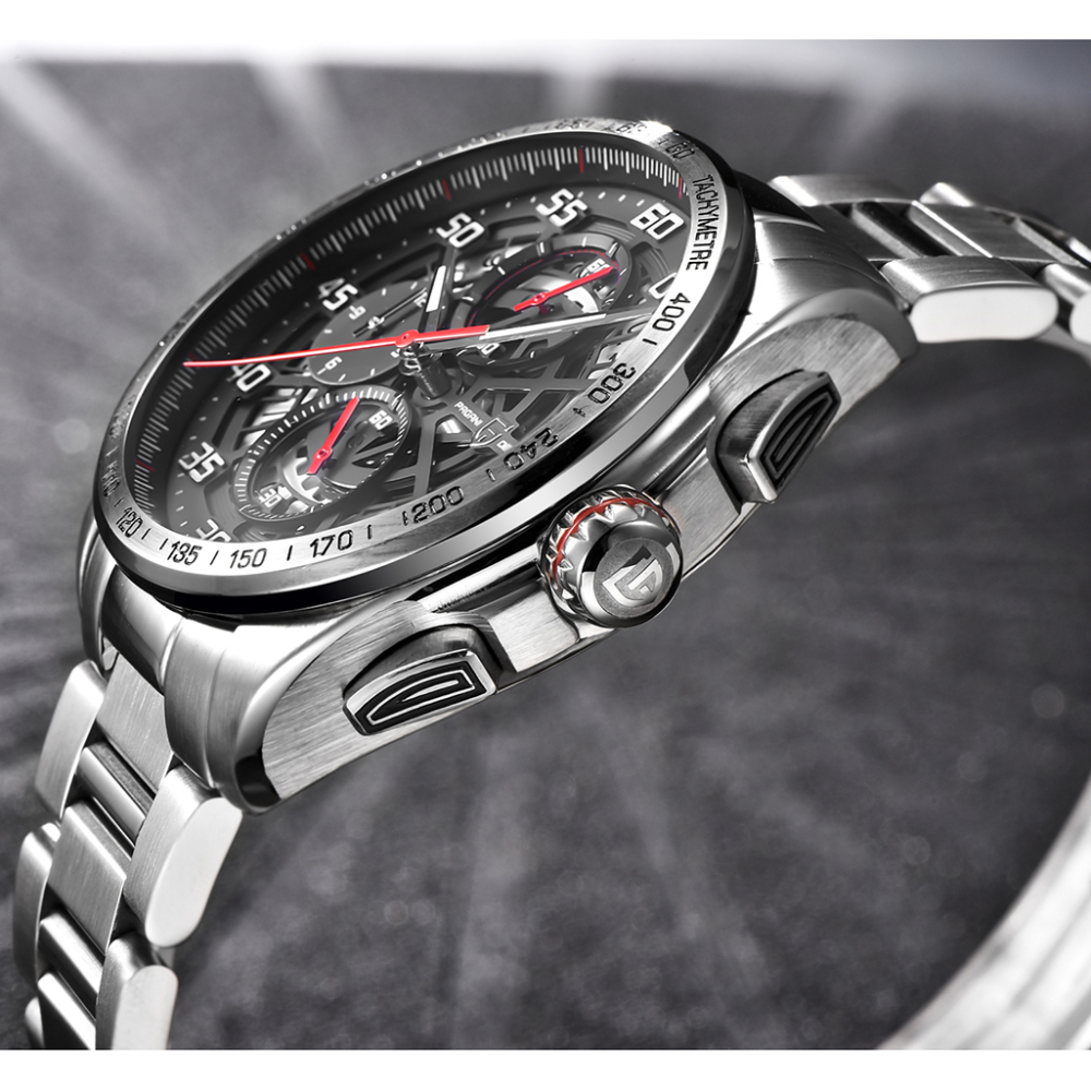 PAGANI DESIGN Men's Quartz Watches Chronograph Stainless Steel Wrist Watch for Men with Seiko VK63 Movement Leather Strap 100M Waterproof