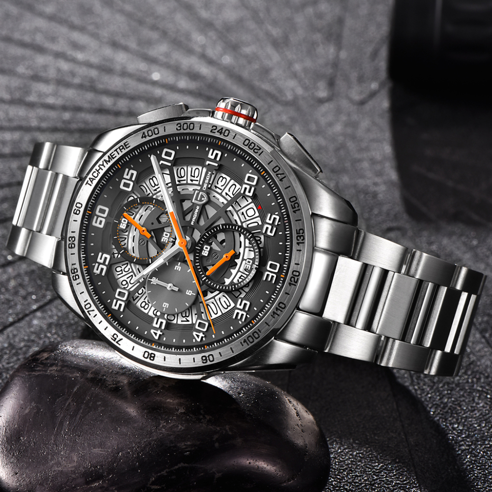 PAGANI DESIGN Men's Quartz Watches Chronograph Stainless Steel Wrist Watch for Men with Seiko VK63 Movement Leather Strap 100M Waterproof