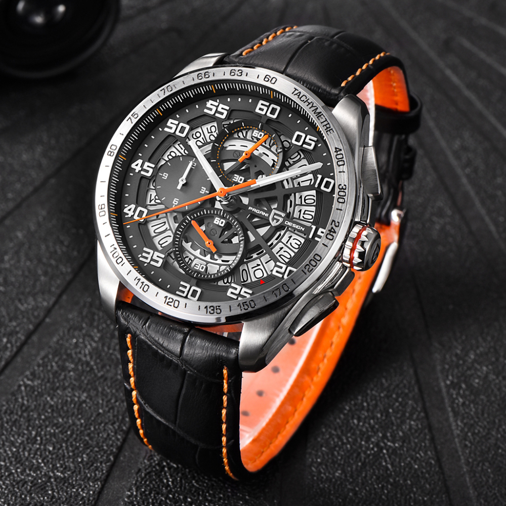 PAGANI DESIGN Men's Quartz Watches Chronograph Stainless Steel Wrist Watch for Men with Seiko VK63 Movement Leather Strap 100M Waterproof