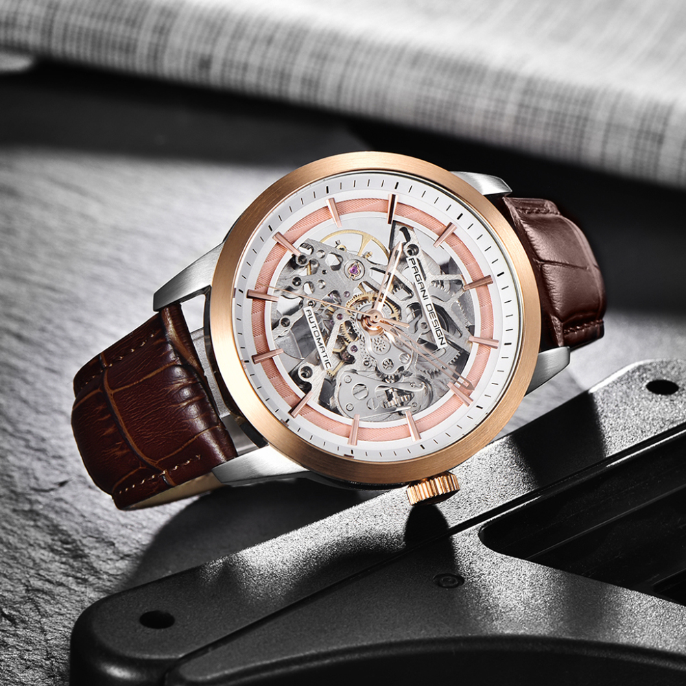 PAGANI DESIGN Luxury Automatic Men's Watches 100M Waterproof Skeleton Wrist Watch with Stainless Steel Case Soft Leather Watchband