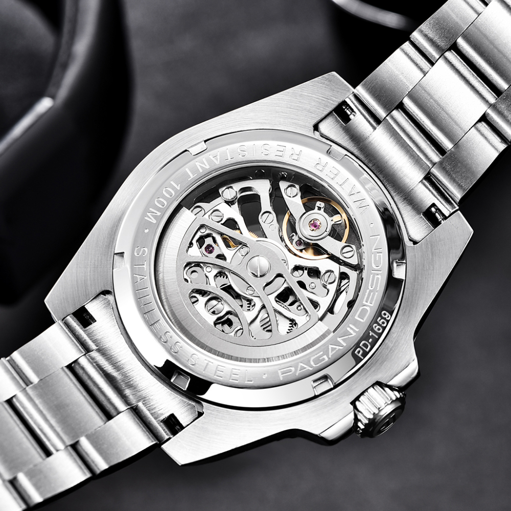 PAGANI DESIGN Men's Watches Luxury Skeleton Automatic Wrist Watch for Men Full Stainless Steel Waterproof Watch with Sapphire Glass Ceramic Bezel