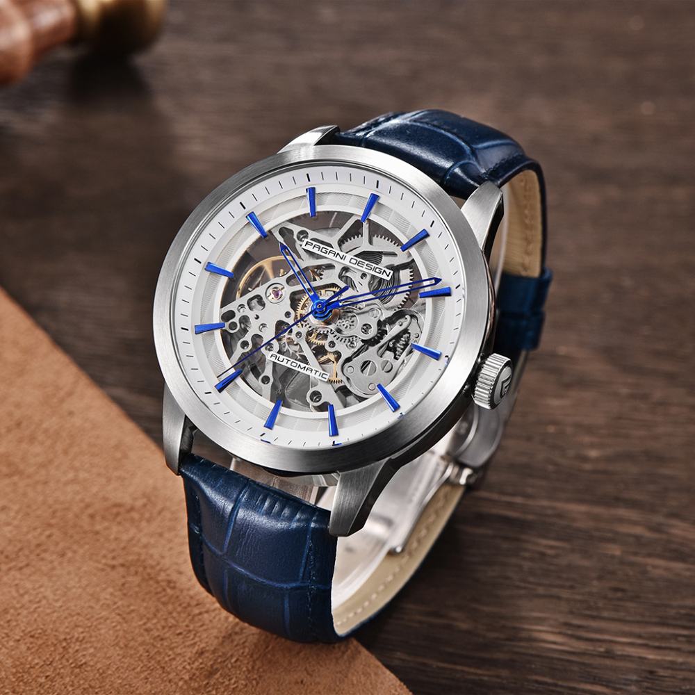 PAGANI DESIGN Luxury Automatic Men's Watches 100M Waterproof Skeleton Wrist Watch with Stainless Steel Case Soft Leather Watchband