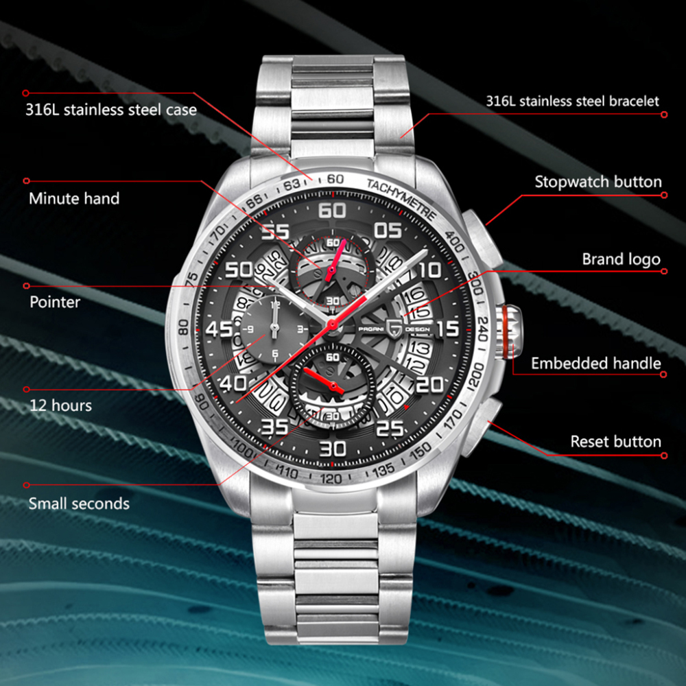 PAGANI DESIGN Men's Quartz Watches Chronograph Stainless Steel Wrist Watch for Men with Seiko VK63 Movement Leather Strap 100M Waterproof