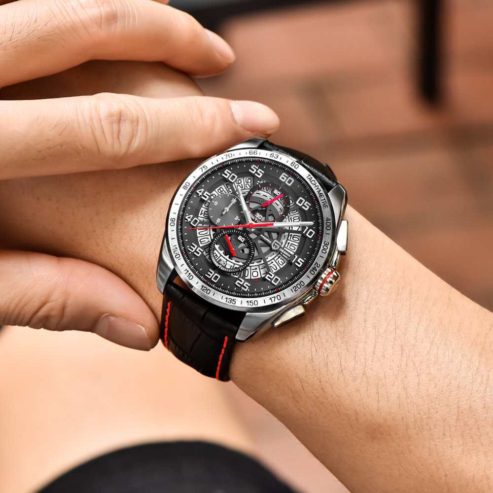 PAGANI DESIGN Men's Quartz Watches Chronograph Stainless Steel Wrist Watch for Men with Seiko VK63 Movement Leather Strap 100M Waterproof