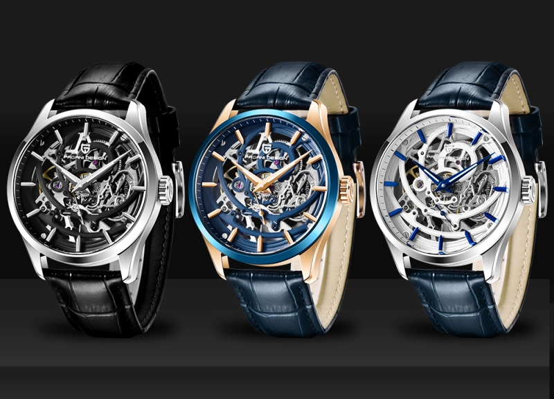PAGANI DESIGN Fashion Men's Watches Skeleton Automatic Wrist Watch for Men Leather Watchband 100M Water Water Resistant Hardlex Dial Glass