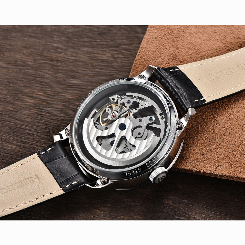 PAGANI DESIGN Luxury Automatic Men's Watches 100M Waterproof Skeleton Wrist Watch with Stainless Steel Case Soft Leather Watchband