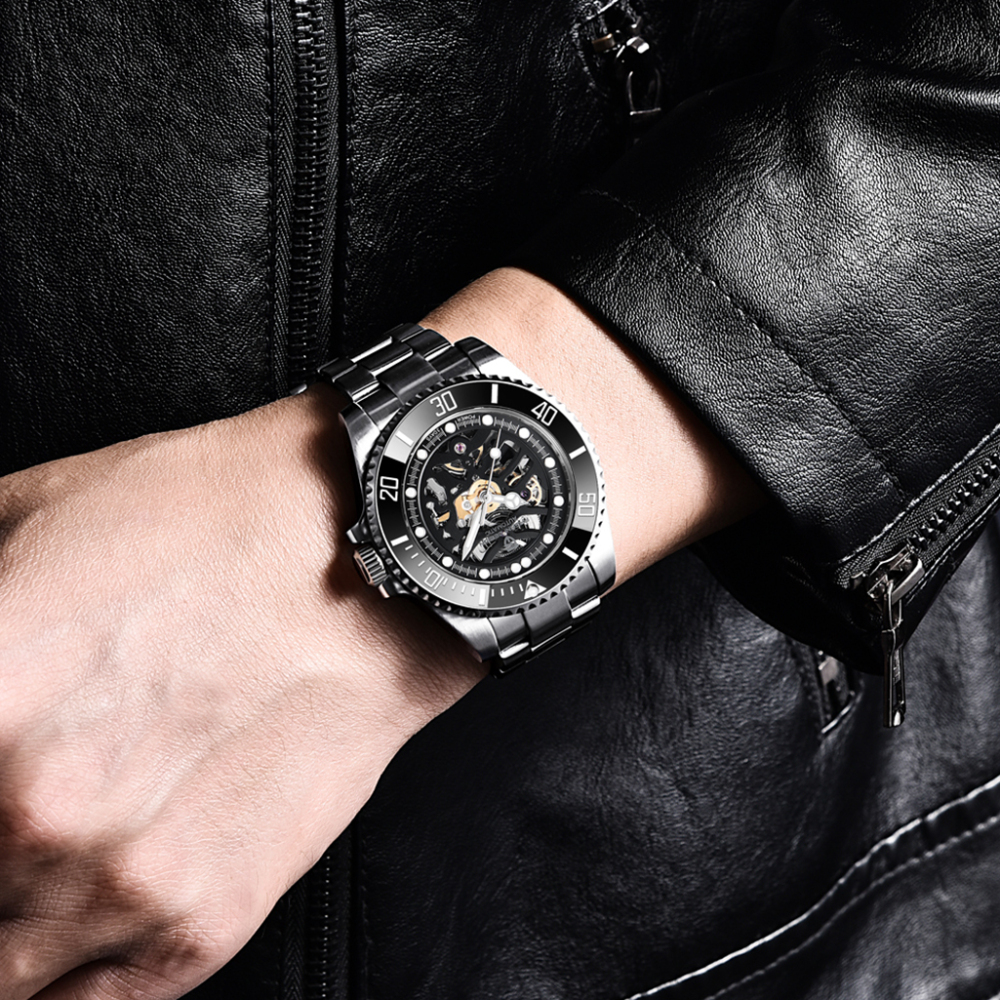 PAGANI DESIGN Men's Watches Luxury Skeleton Automatic Wrist Watch for Men Full Stainless Steel Waterproof Watch with Sapphire Glass Ceramic Bezel