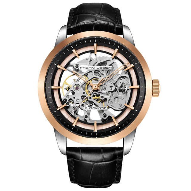 PAGANI DESIGN Luxury Automatic Men's Watches 100M Waterproof Skeleton Wrist Watch with Stainless Steel Case Soft Leather Watchband