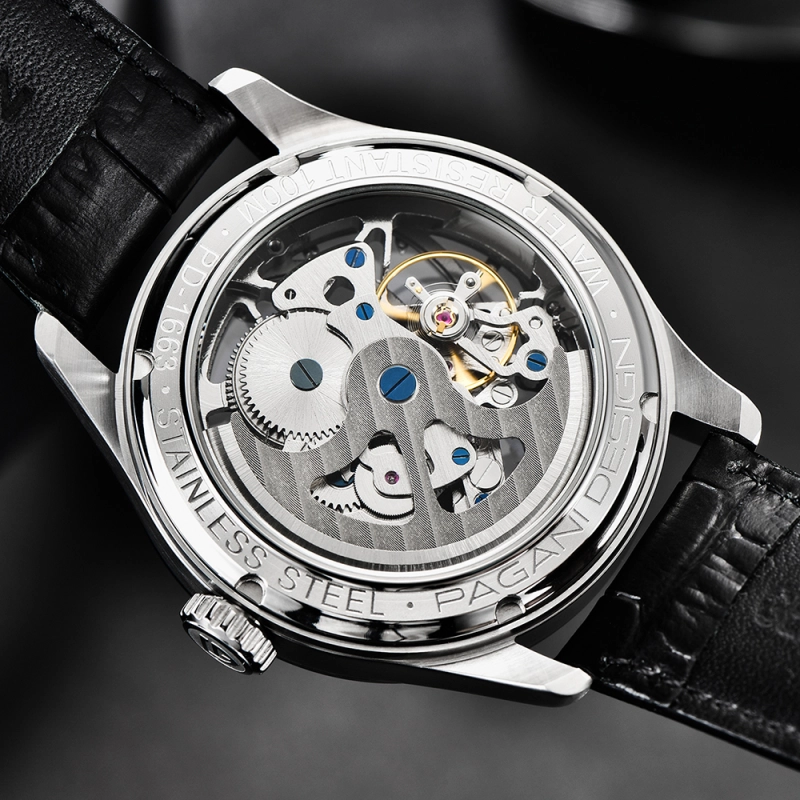 PAGANI DESIGN Fashion Men's Watches Skeleton Automatic Wrist Watch for Men Leather Watchband 100M Water Water Resistant Hardlex Dial Glass