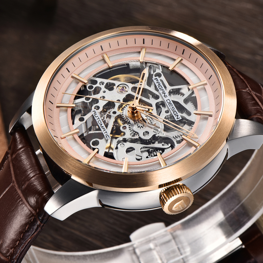 PAGANI DESIGN Luxury Automatic Men's Watches 100M Waterproof Skeleton Wrist Watch with Stainless Steel Case Soft Leather Watchband