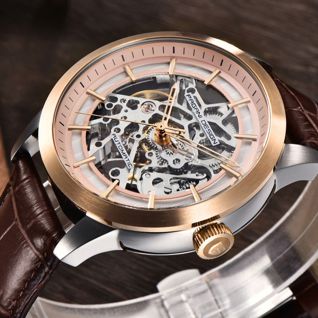 PAGANI DESIGN Luxury Automatic Men's Watches 100M Waterproof Skeleton Wrist Watch with Stainless Steel Case Soft Leather Watchband