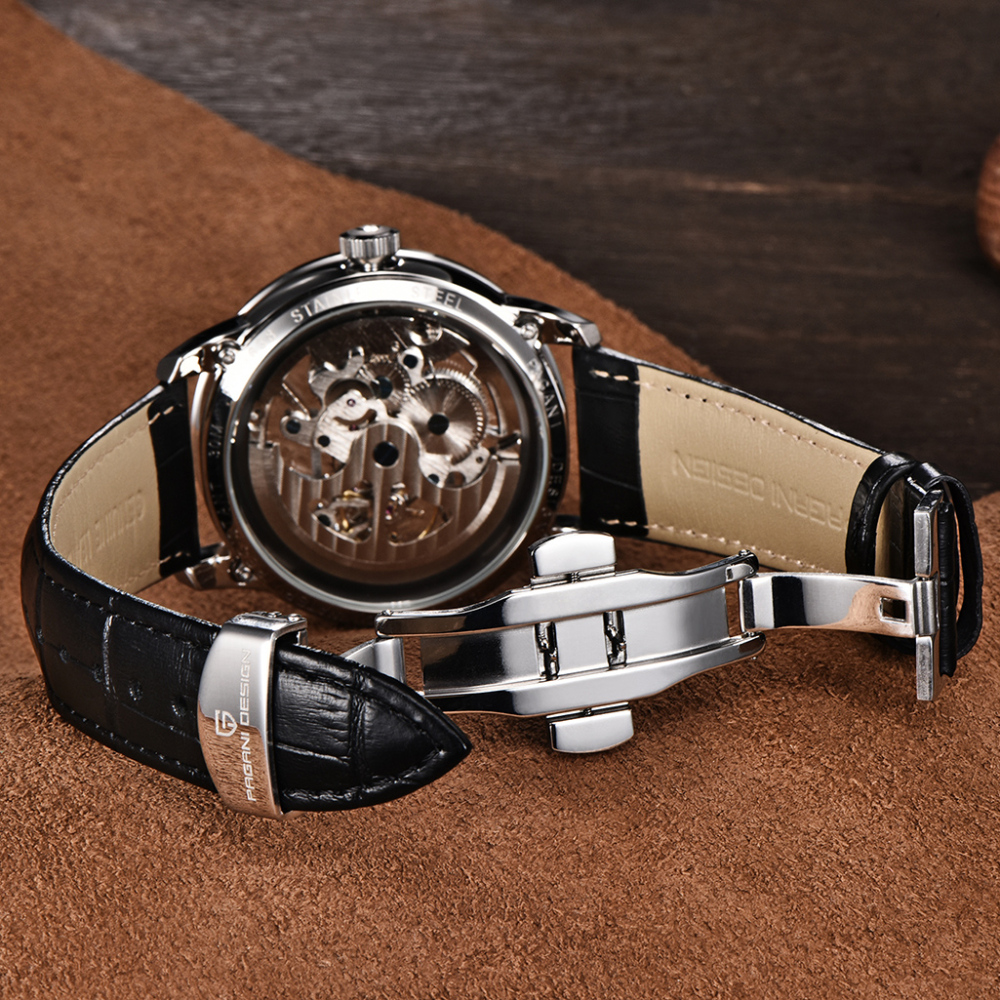 PAGANI DESIGN Luxury Automatic Men's Watches 100M Waterproof Skeleton Wrist Watch with Stainless Steel Case Soft Leather Watchband