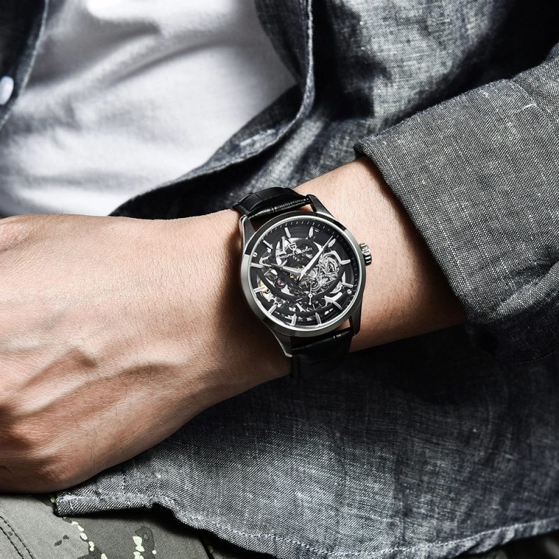 PAGANI DESIGN Fashion Men's Watches Skeleton Automatic Wrist Watch for Men Leather Watchband 100M Water Water Resistant Hardlex Dial Glass