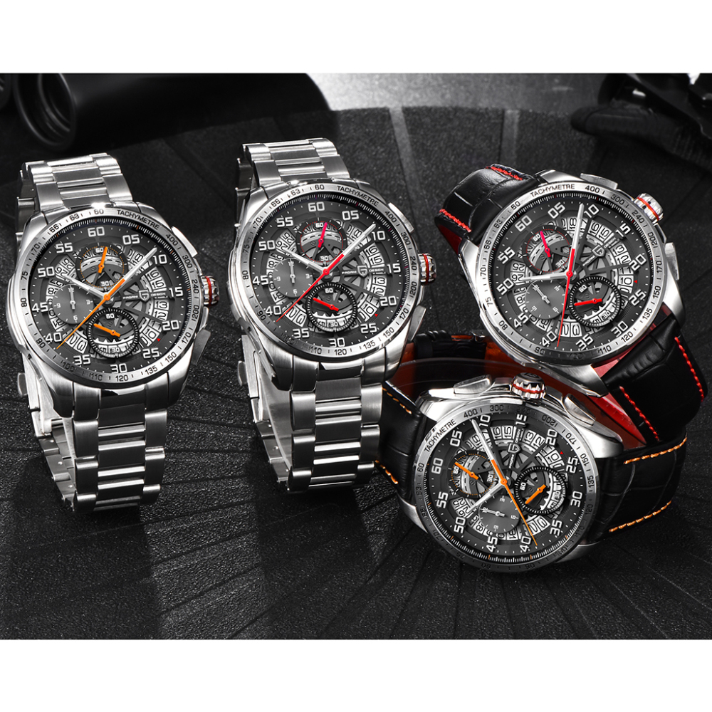 PAGANI DESIGN Men's Quartz Watches Chronograph Stainless Steel Wrist Watch for Men with Seiko VK63 Movement Leather Strap 100M Waterproof