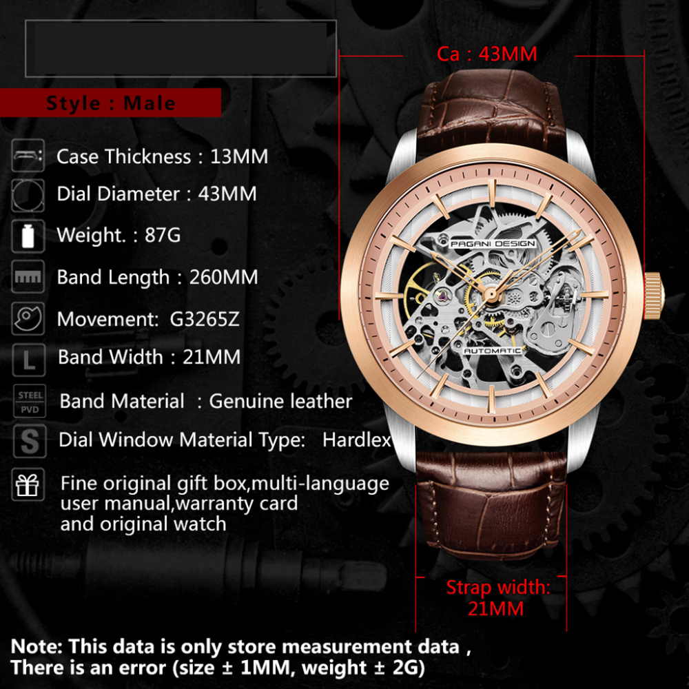 PAGANI DESIGN Luxury Automatic Men's Watches 100M Waterproof Skeleton Wrist Watch with Stainless Steel Case Soft Leather Watchband