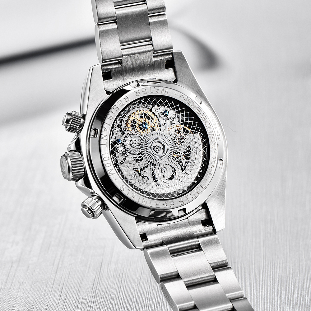 PAGANI DESIGN Men's Skeleton Automatic Watches Daytona Homage Stainless Steel Waterproof Wrist Watch with Sapphire Glass Rainbow Bezel