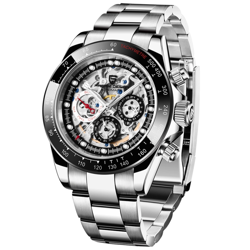 PAGANI DESIGN Men's Skeleton Automatic Watches Daytona Homage Stainless Steel Waterproof Wrist Watch with Sapphire Glass