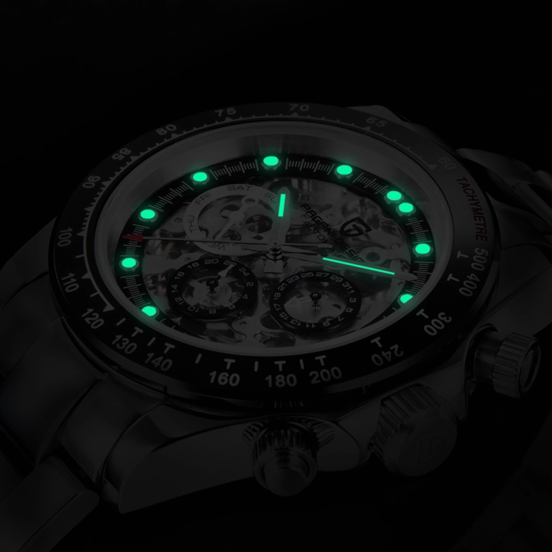 PAGANI DESIGN Men's Skeleton Automatic Watches Daytona Homage Stainless Steel Waterproof Wrist Watch with Sapphire Glass