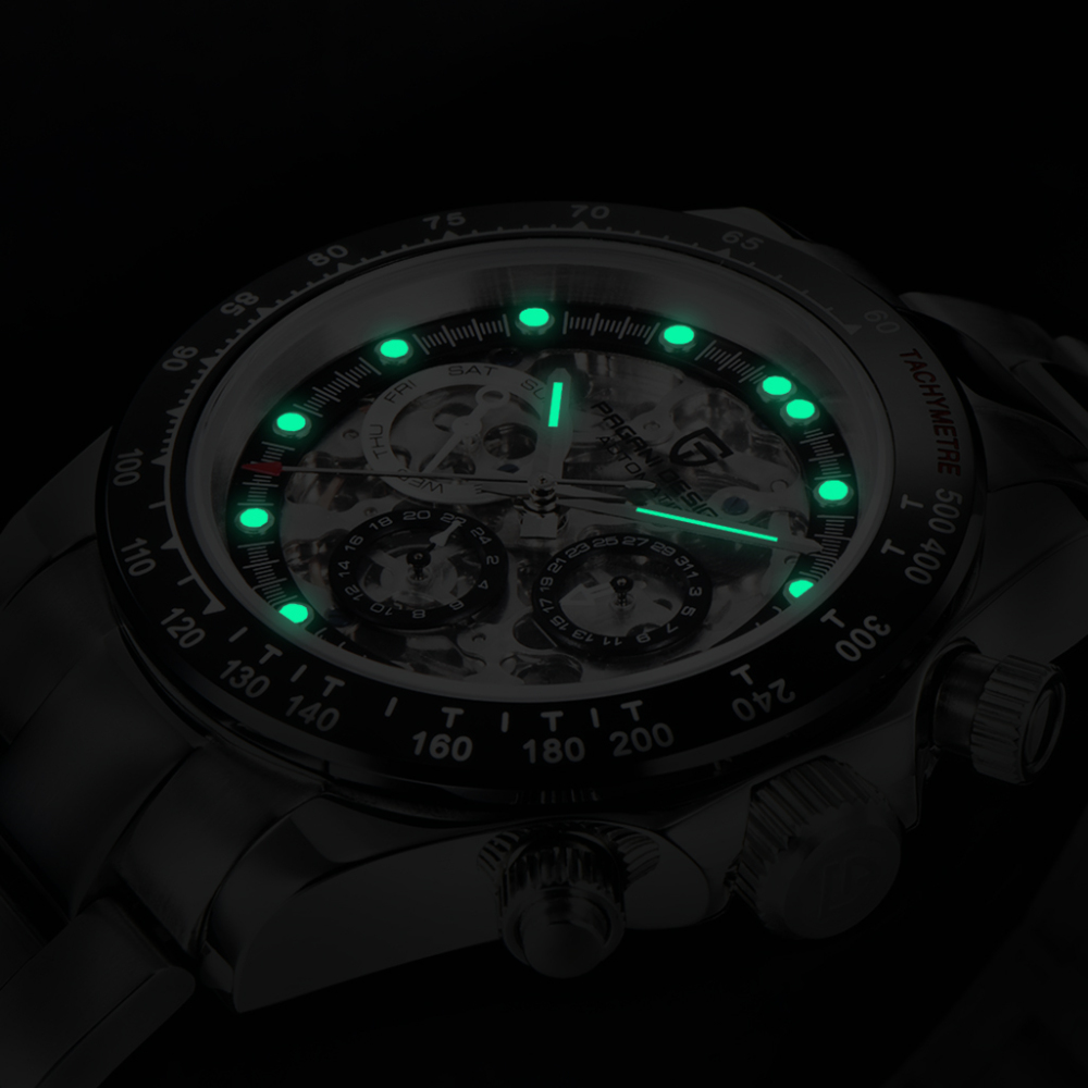 PAGANI DESIGN Men's Skeleton Automatic Watches Daytona Homage Stainless Steel Waterproof Wrist Watch with Sapphire Glass