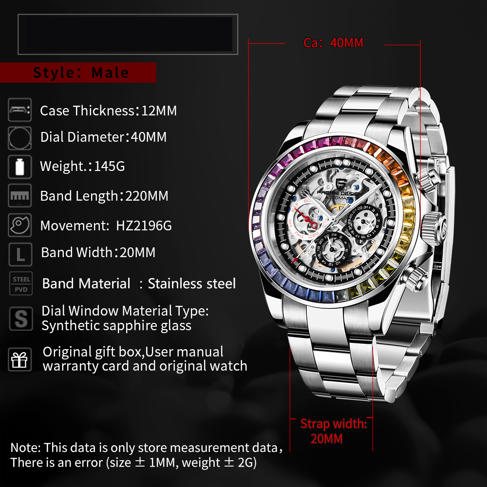 PAGANI DESIGN Men's Skeleton Automatic Watches Daytona Homage Stainless Steel Waterproof Wrist Watch with Sapphire Glass Rainbow Bezel